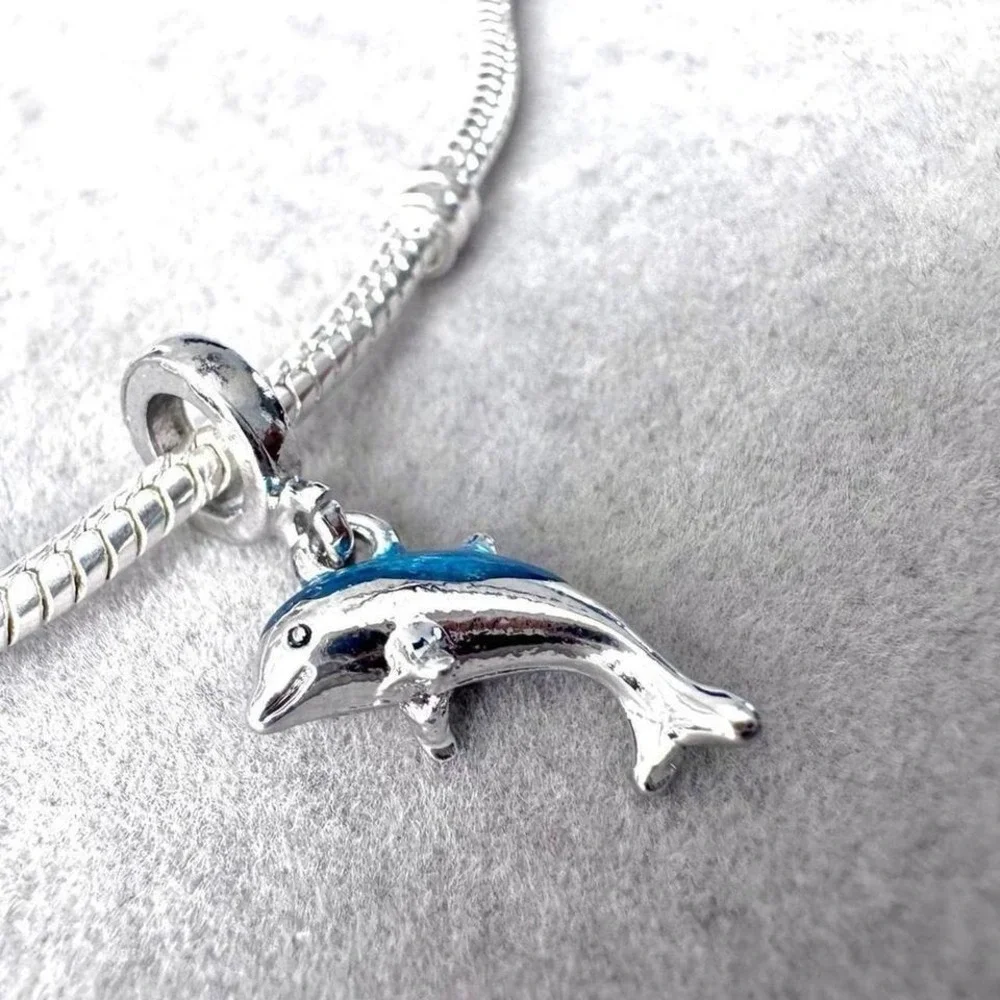 Dolphin Charm Bead Silver Tone Blue Enamel For Pandora Style Bracelets